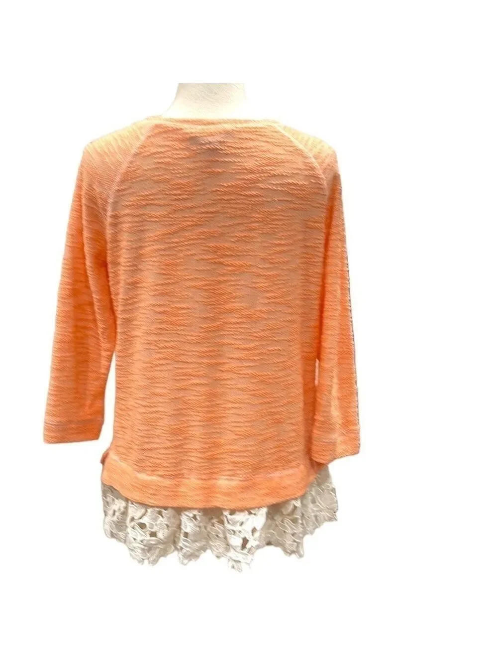 Anthropologie Sunday In Brooklyn 3/4 Sleeve Textured Top Lace Hem SZ M Orange